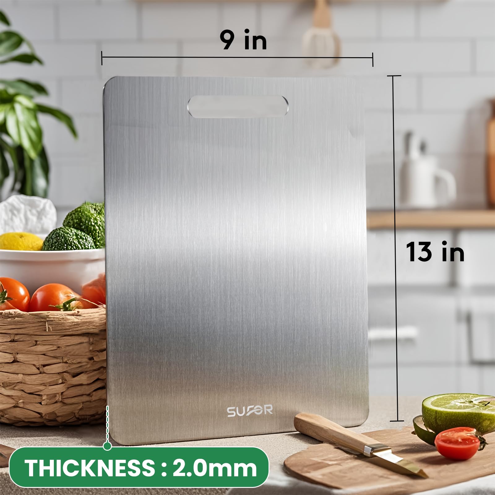 SUFOR titanium cutting board two-board setup separates meat and produce for hygiene.