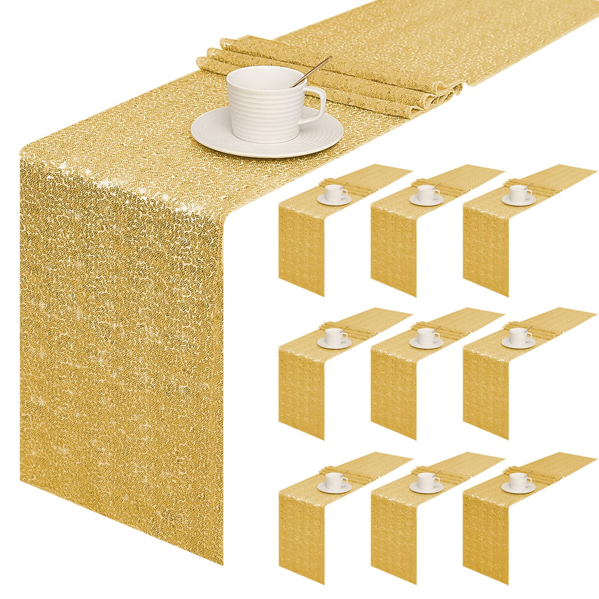 Sugargirl sequin table runner in gold, 10-pack, top-view for table styling