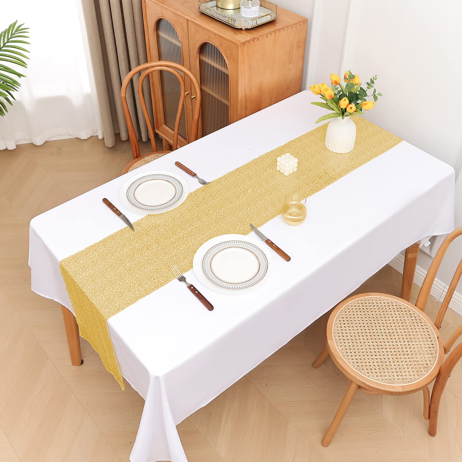 Sugargirl gold sequin table runner on dining table for celebrations