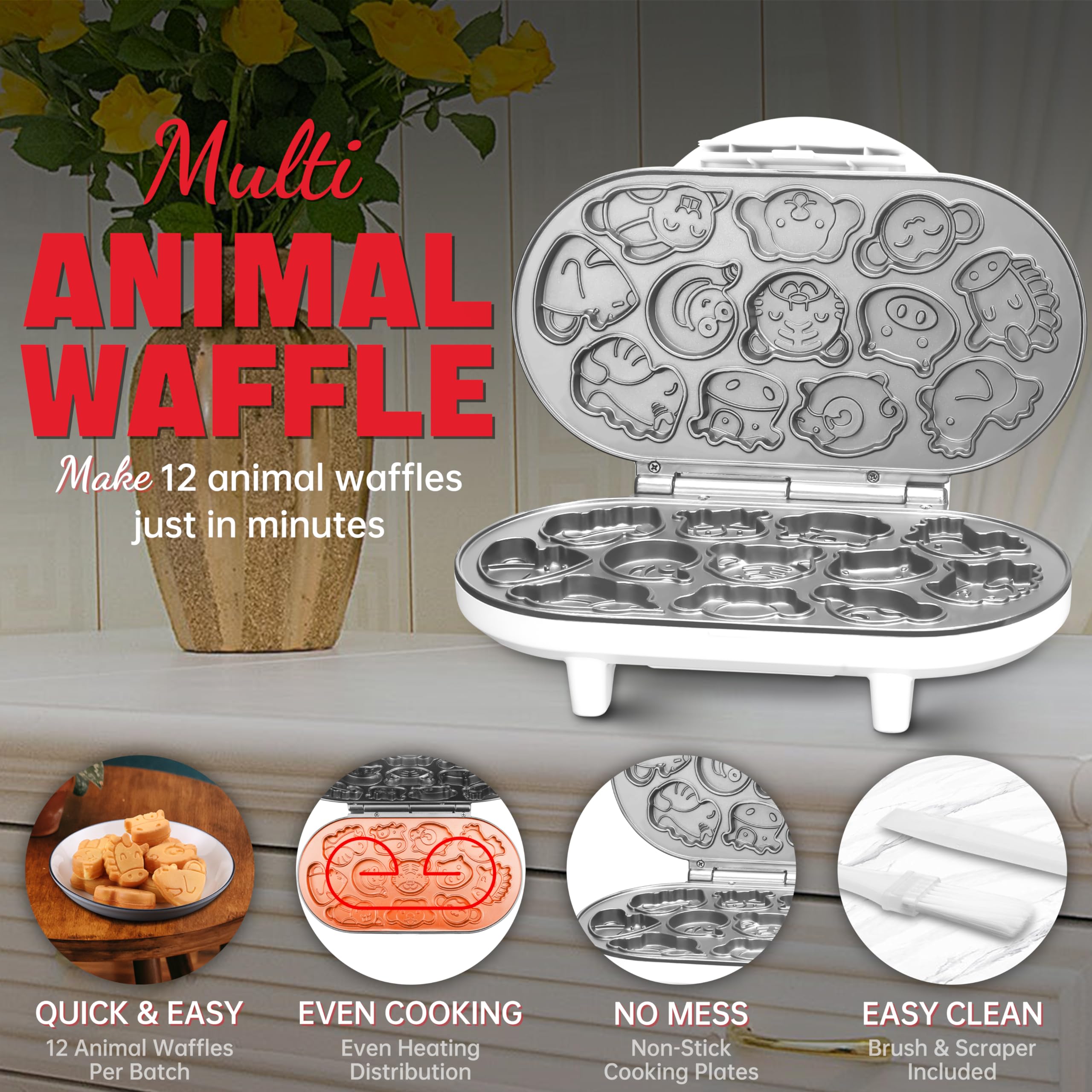 SugarWhisk Animal Mini Waffle Maker front view highlights compact, family-friendly design.