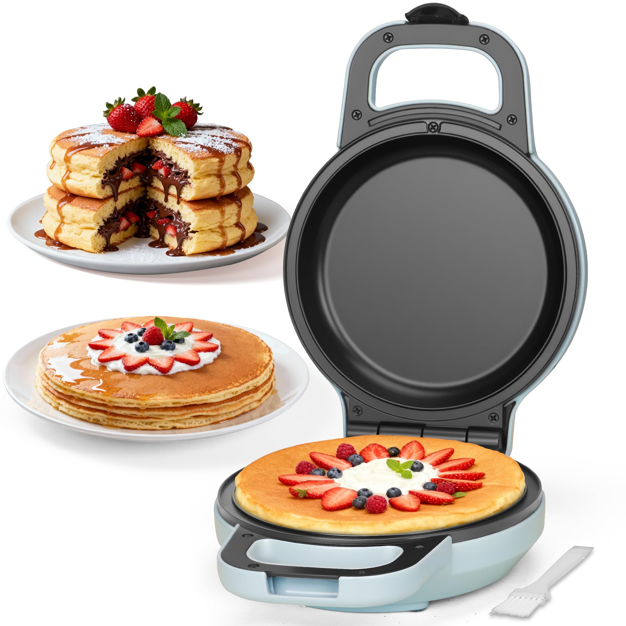 SugarWhisk Flip Pancake Maker with 6.5 inch surface for quick even browning pancakes.