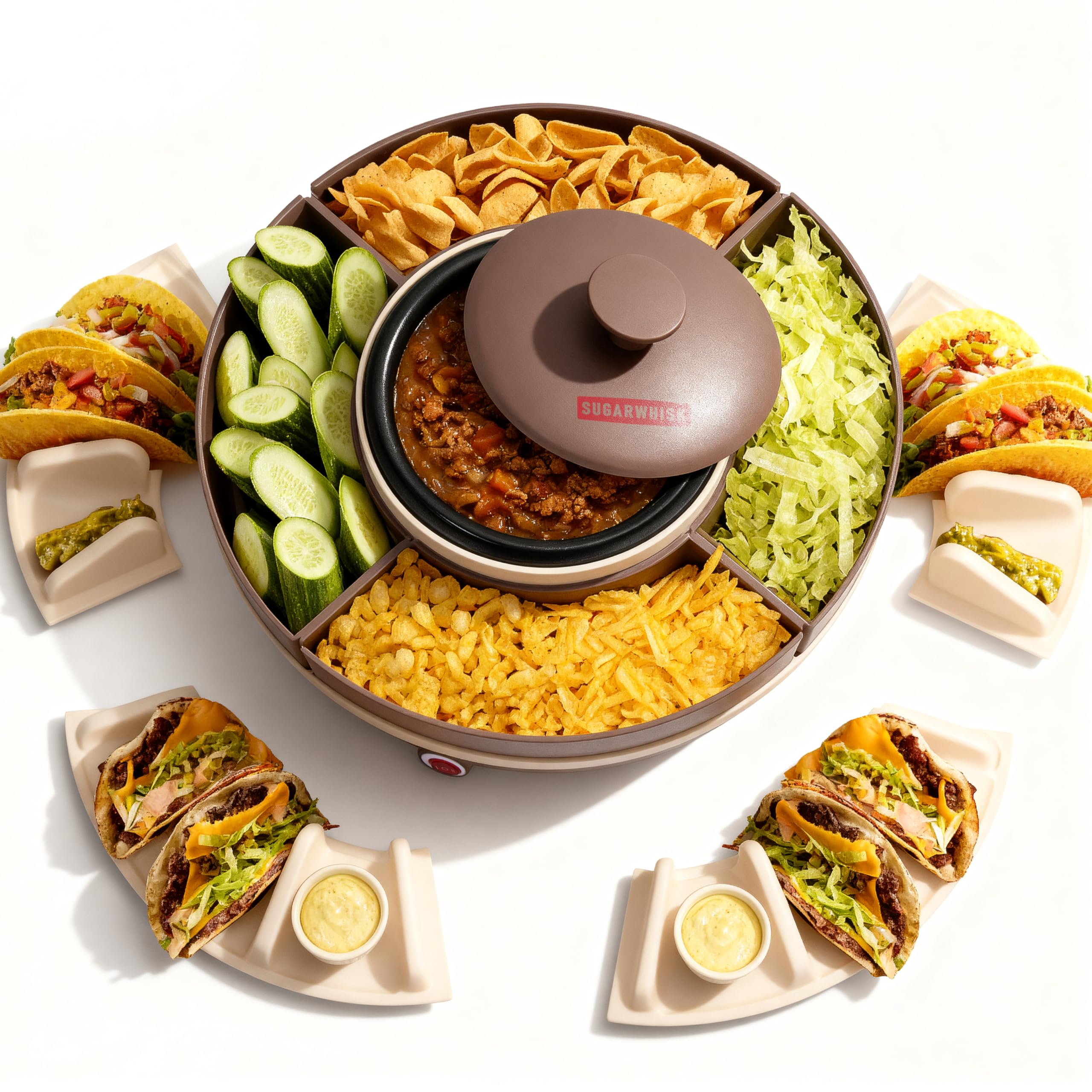 SugarWhisk Lazy Susan Taco Bar assembly shows organized toppings for a party