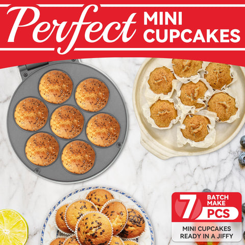 SugarWhisk mini cupcake maker open lid reveals seven cups for quick batches.
