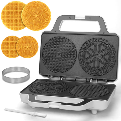 SugarWhisk Pizzelle Maker Electric with two cookies cooking for quick treats
