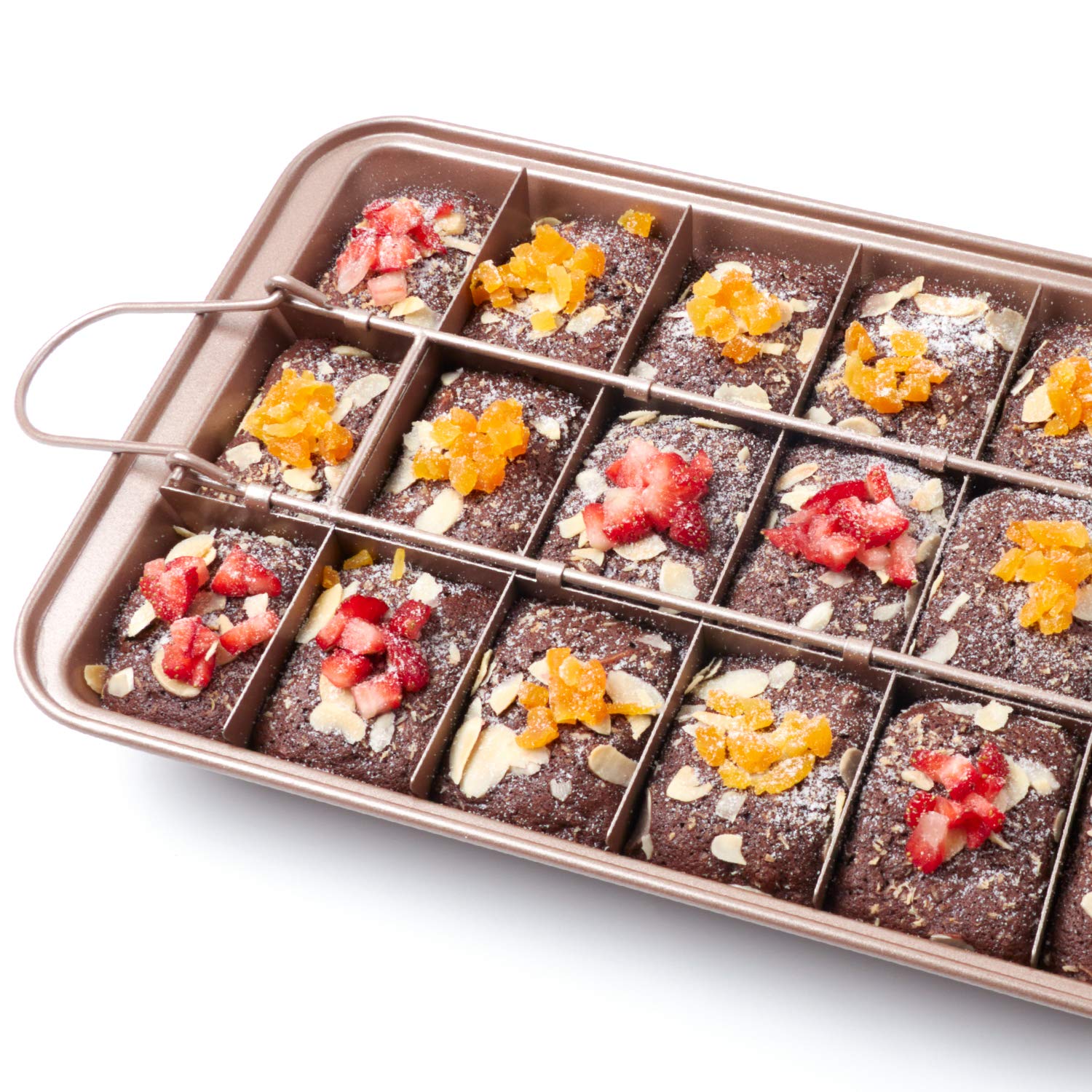 18 pre-cut brownies baked in SUJUDE pan for neat portions.