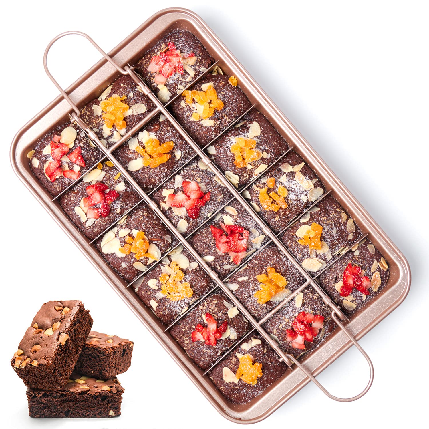 SUJUDE brownie pan with dividers for 18 evenly portioned brownies.