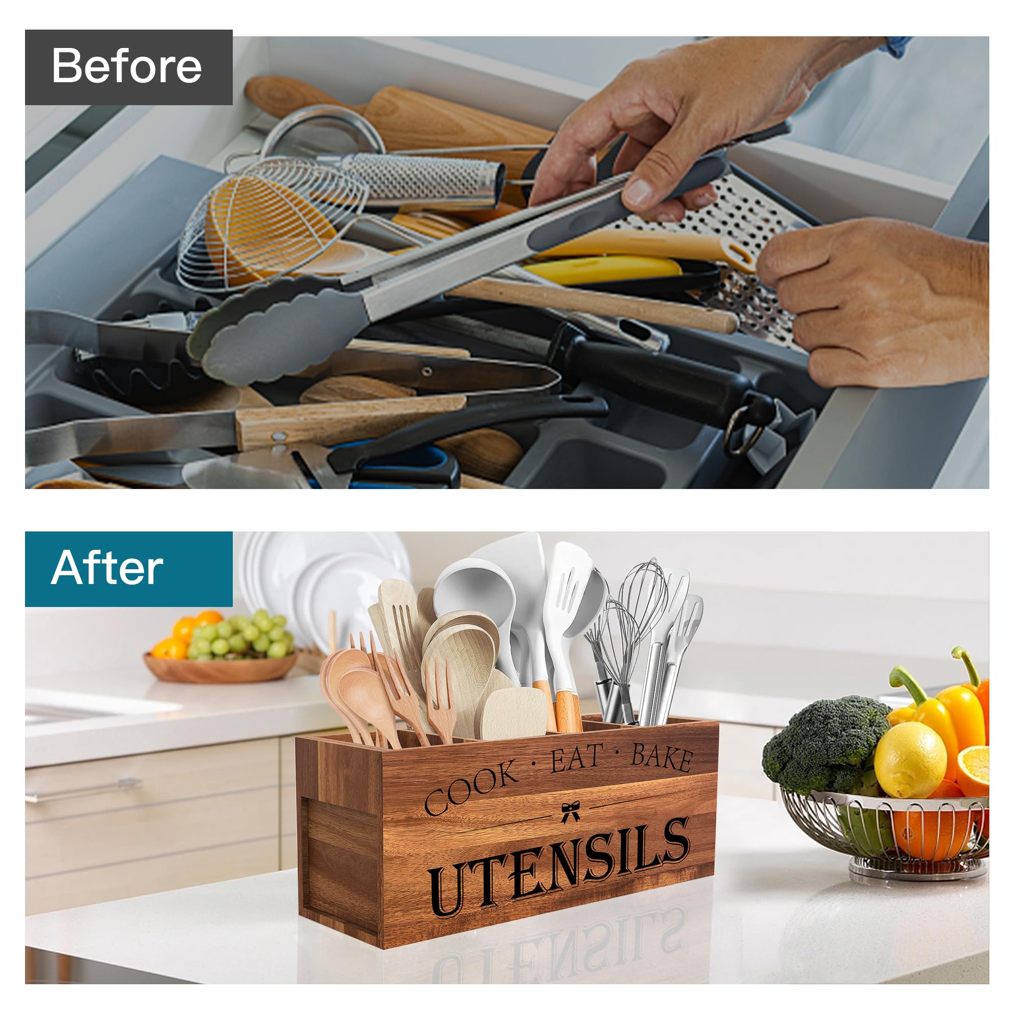 Suli Acacia Wood Utensil Holder counterspace-saving design helps reduce drawer clutter.
