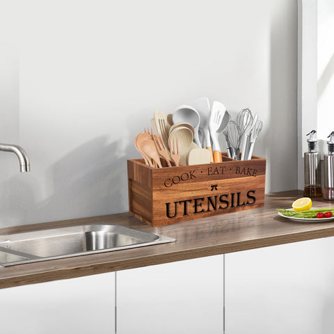 Suli Acacia Wood Utensil Holder dimensions help plan counter placement.