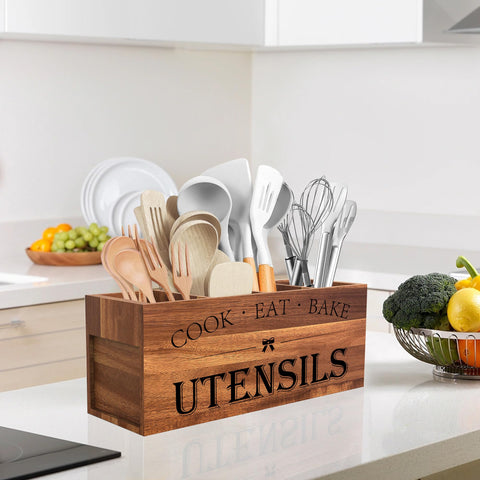 Suli Acacia Wood Utensil Holder gift-ready design adds charm to kitchens.