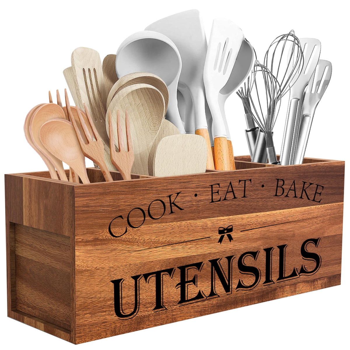 Suli Acacia Wood Utensil Holder with four compartments keeps kitchen tools neatly within reach.