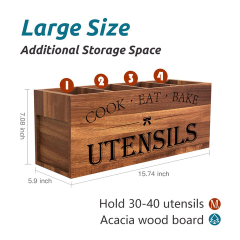 Suli Acacia Wood Utensil Holder with removable divider improves cleaning and customization.