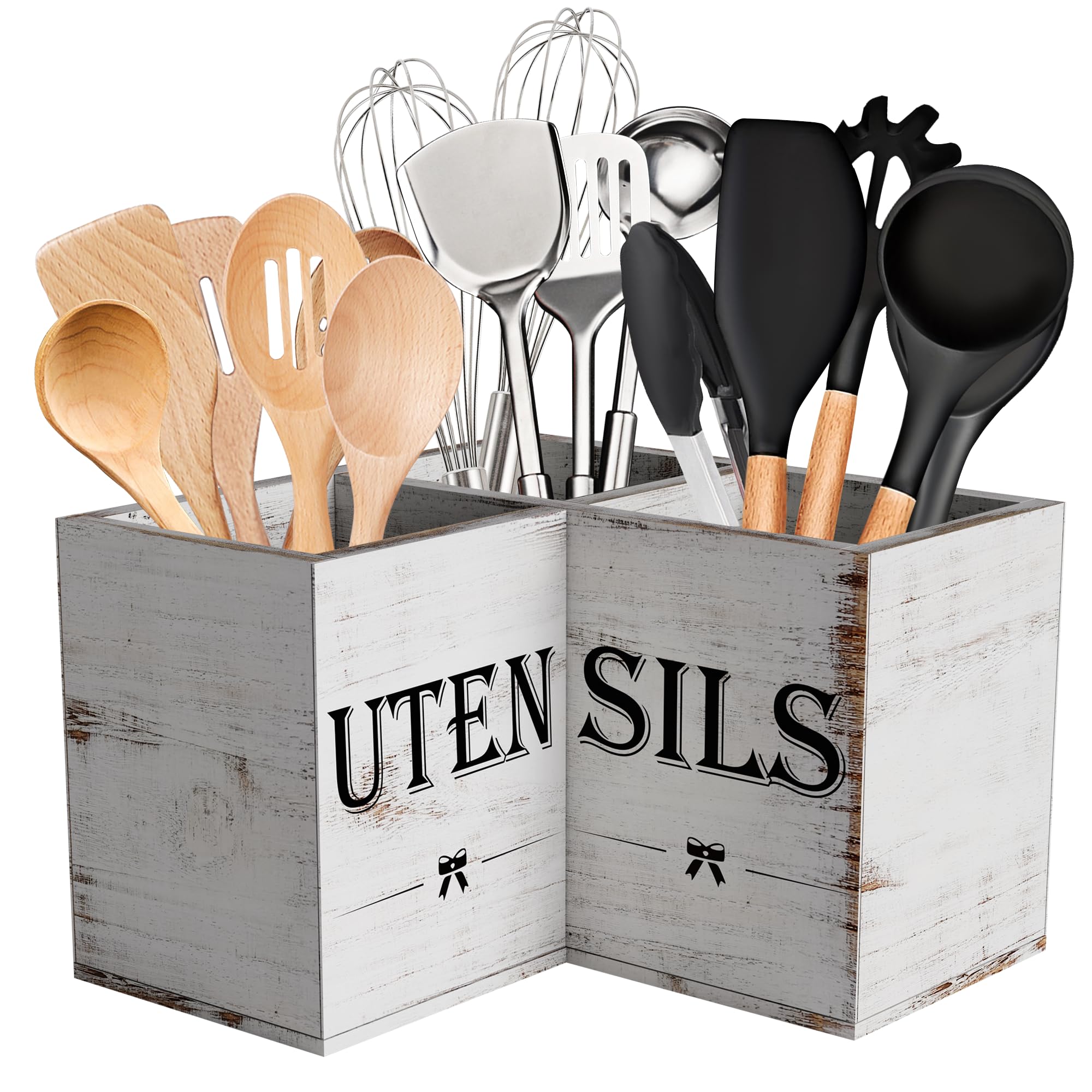 Suli extra large utensil holder with three compartments on a counter.