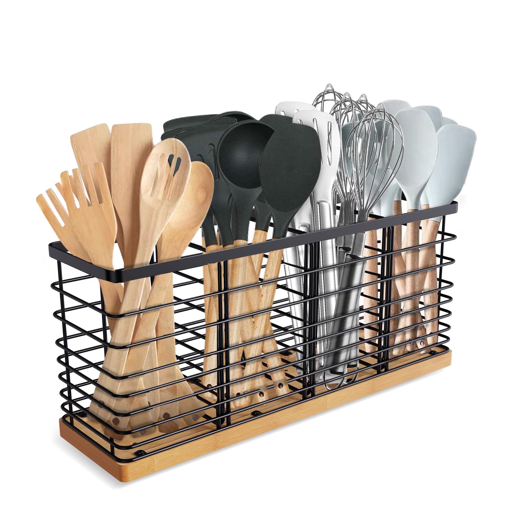 Suli extra large utensil holder with four compartments on a counter for easy access.