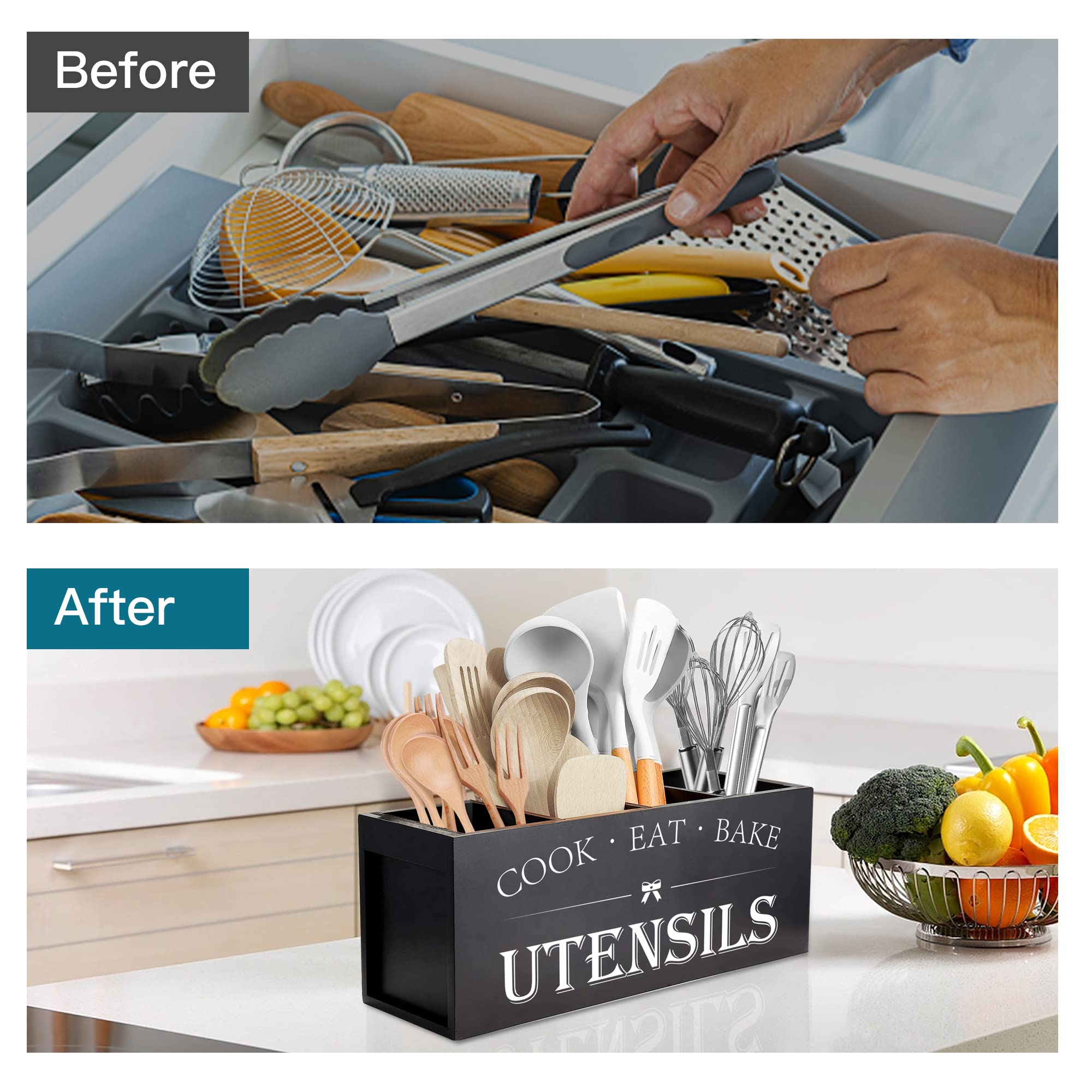 Suli farmhouse kitchen decor holder keeps spatulas, ladles, and spoons neatly separated.
