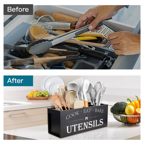Suli farmhouse kitchen decor holder keeps spatulas, ladles, and spoons neatly separated.