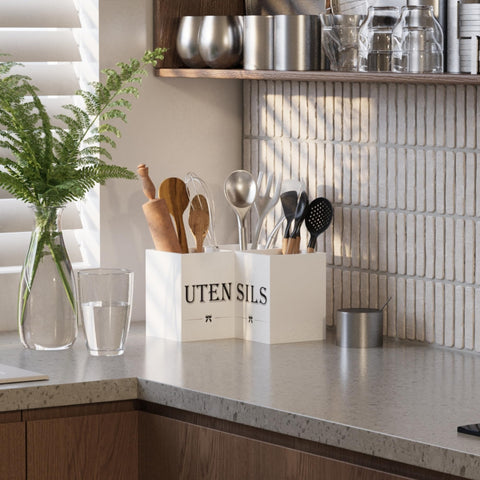 Suli white wooden organizer shown on countertop for everyday use.