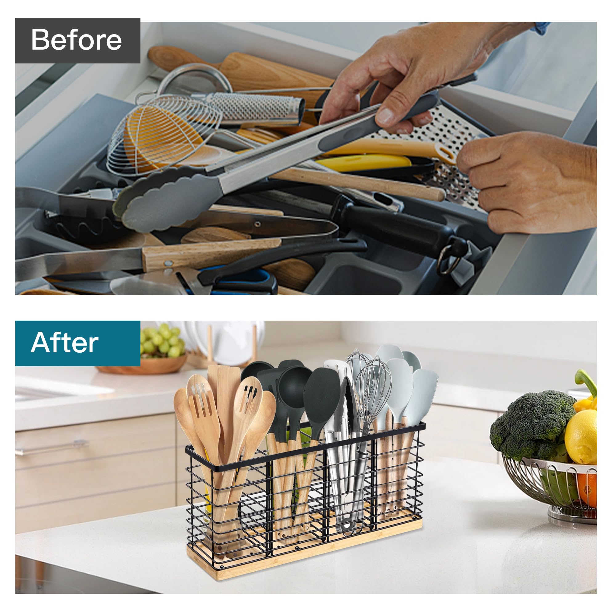 Suli matte black metal with wooden base adds rustic charm to any kitchen.