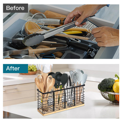 Suli matte black metal with wooden base adds rustic charm to any kitchen.