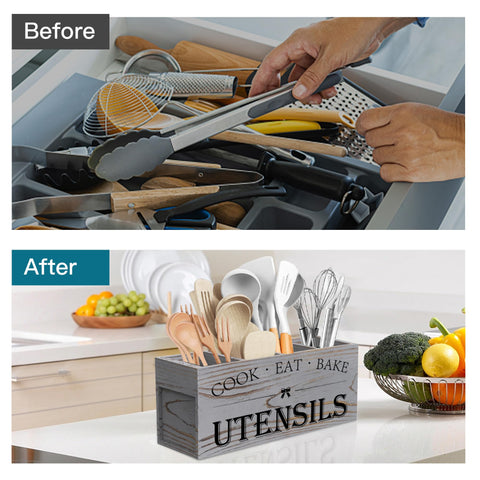Suli rustic kitchen decor utensil caddy with four sections.
