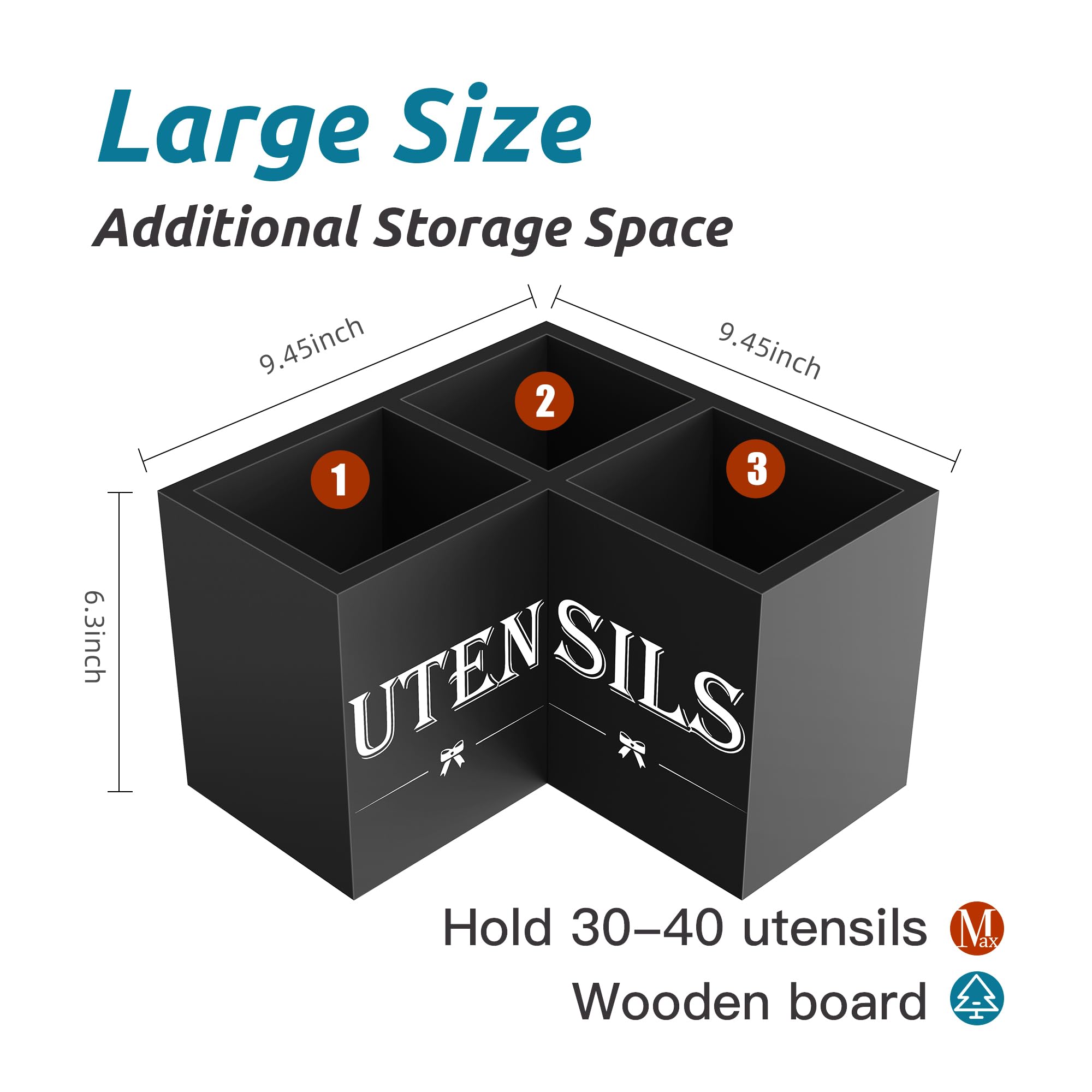 Suli wooden utensil crock with three compartments keeps tools organized