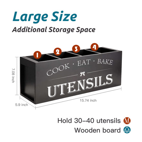 Suli wooden utensil organizer on countertop adds rustic charm while decluttering cooking tools.