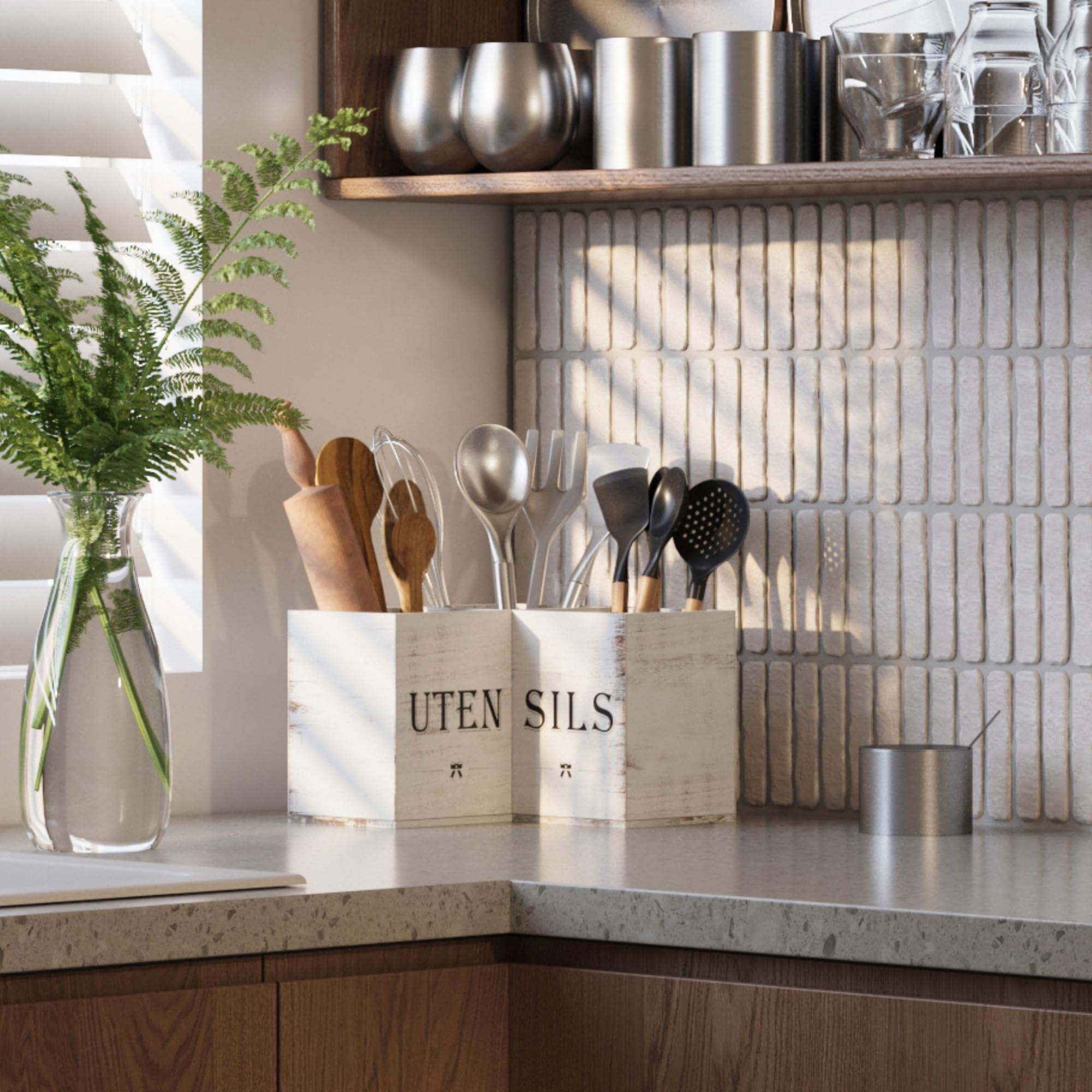 Suli wooden utensil organizer adds rustic farmhouse charm to kitchens.