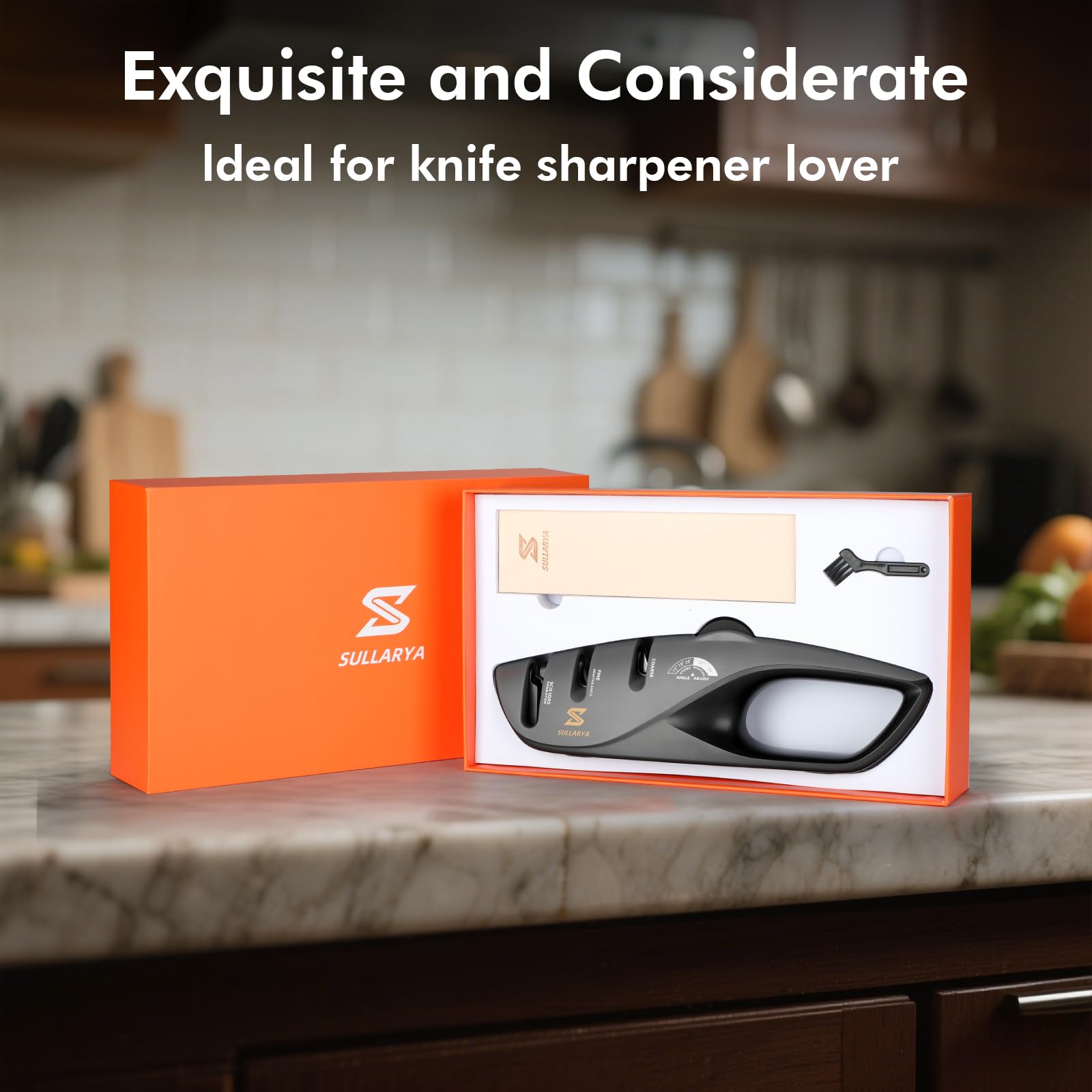 In-use view of a knife through the sharpener for consistent results