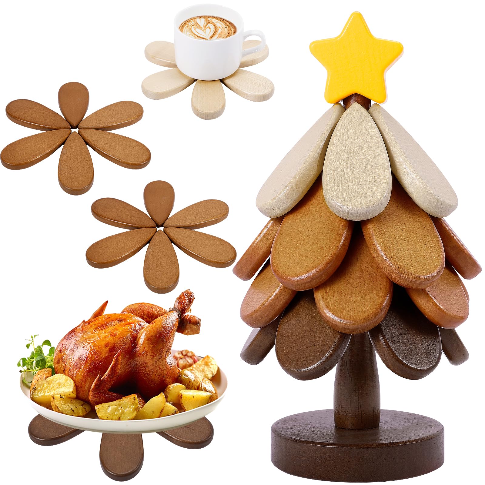 Sumapner walnut Christmas tree trivet assembled for hot dishes.