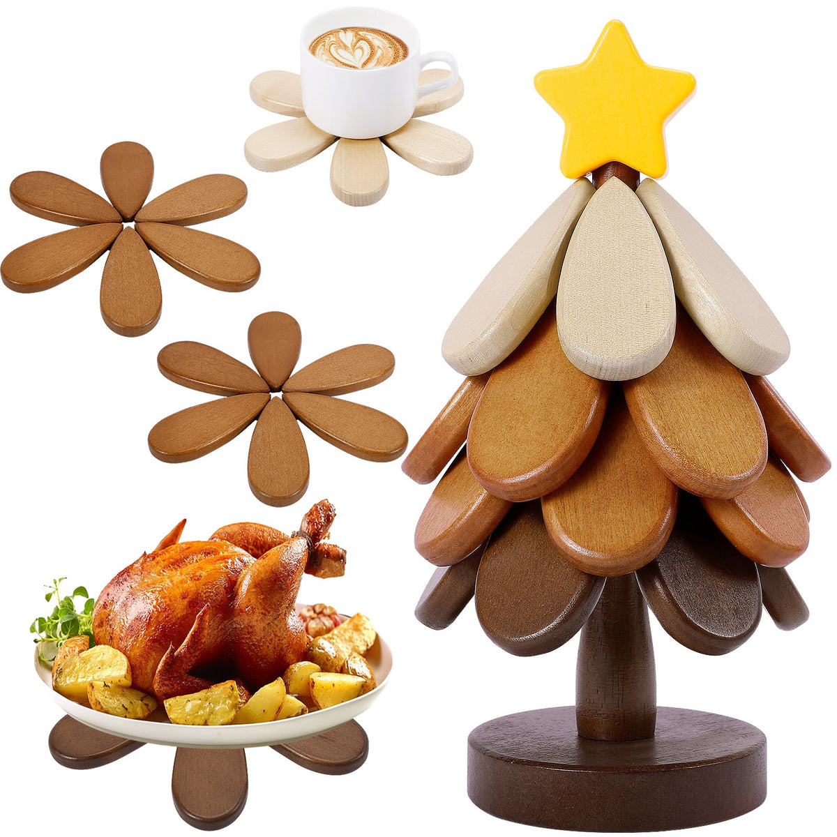 Sumapner walnut Christmas tree trivet assembled for hot dishes.