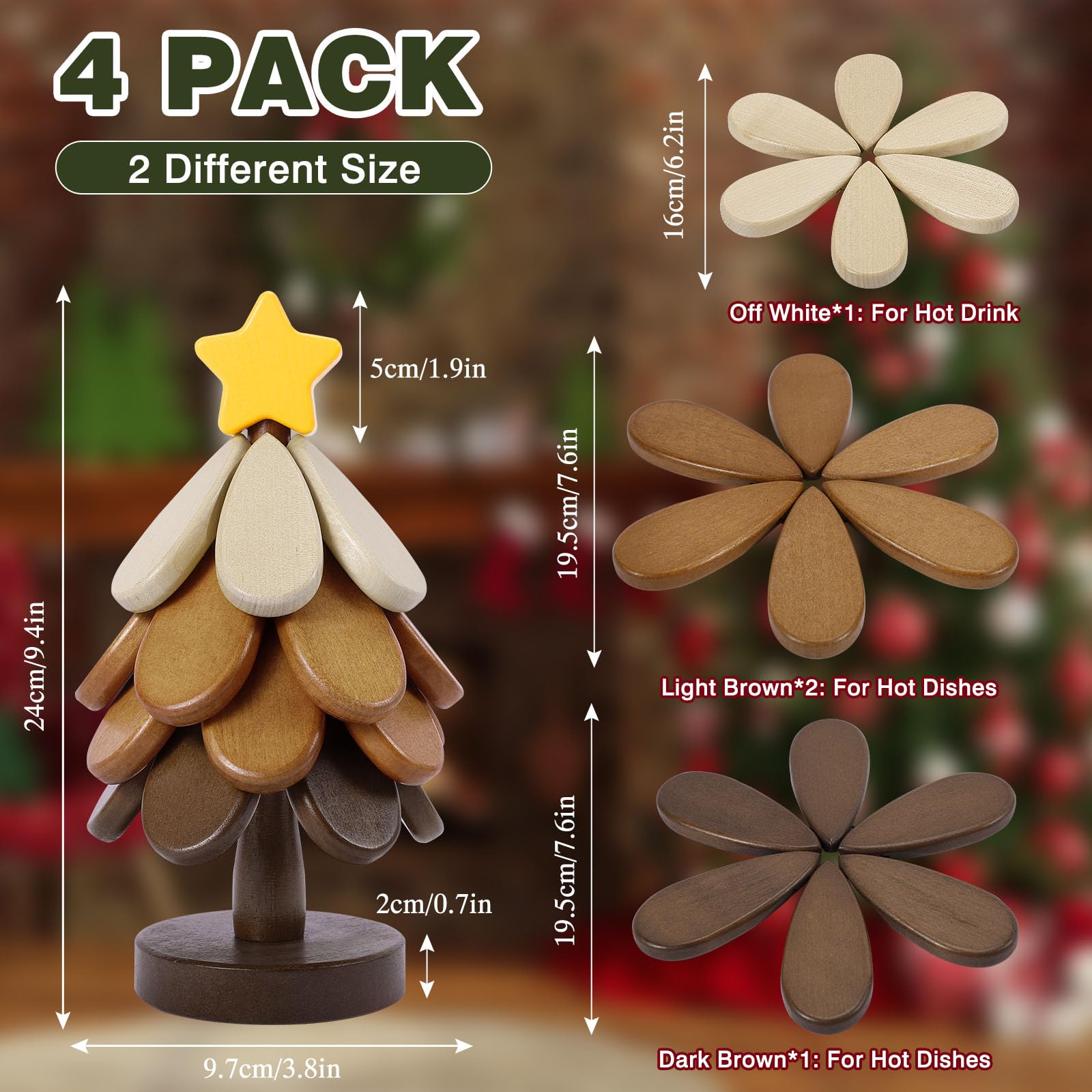 Sumapner walnut Christmas tree trivet unfolding to support hot pots.