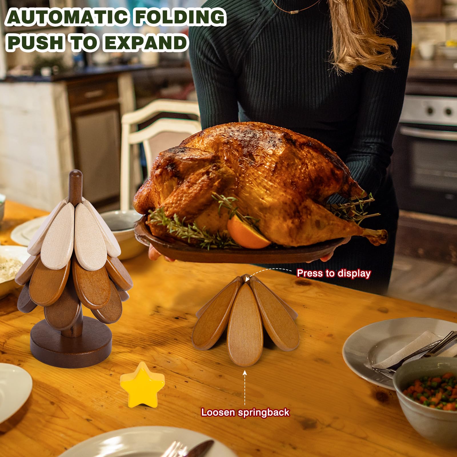 Sumapner walnut tree-trivet dark brown variant pairs with serveware.