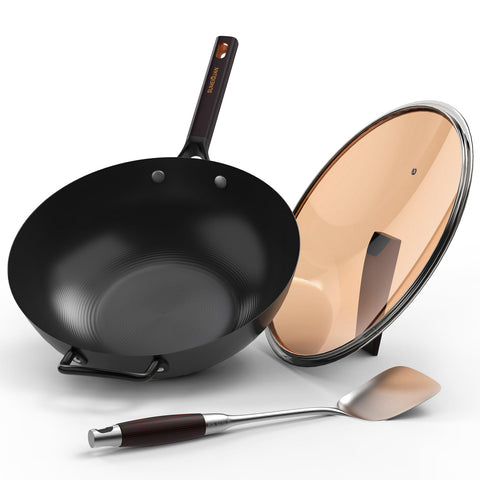 SUMEIGUAN 13.5 inch carbon steel wok with lid ready for authentic stir-fry cooking