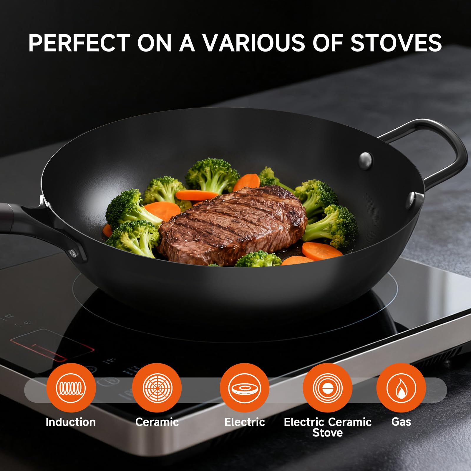 SUMEIGUAN induction-ready wok works on induction, gas, and electric stoves
