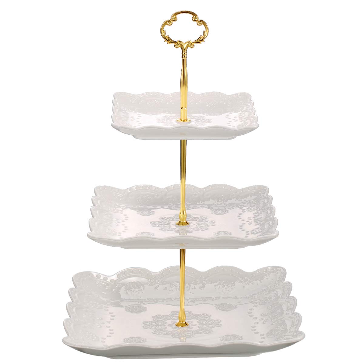 Sumerflos 3-tier porcelain cupcake stand displays desserts with elegant multi-level presentation.