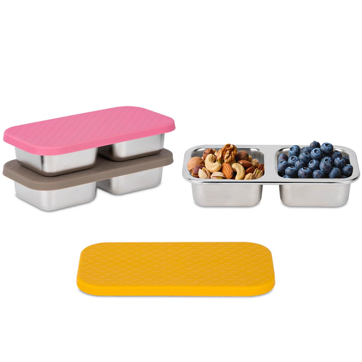 SUMERX 3-pack stainless steel snack containers with two compartments for organized snacks on the go.