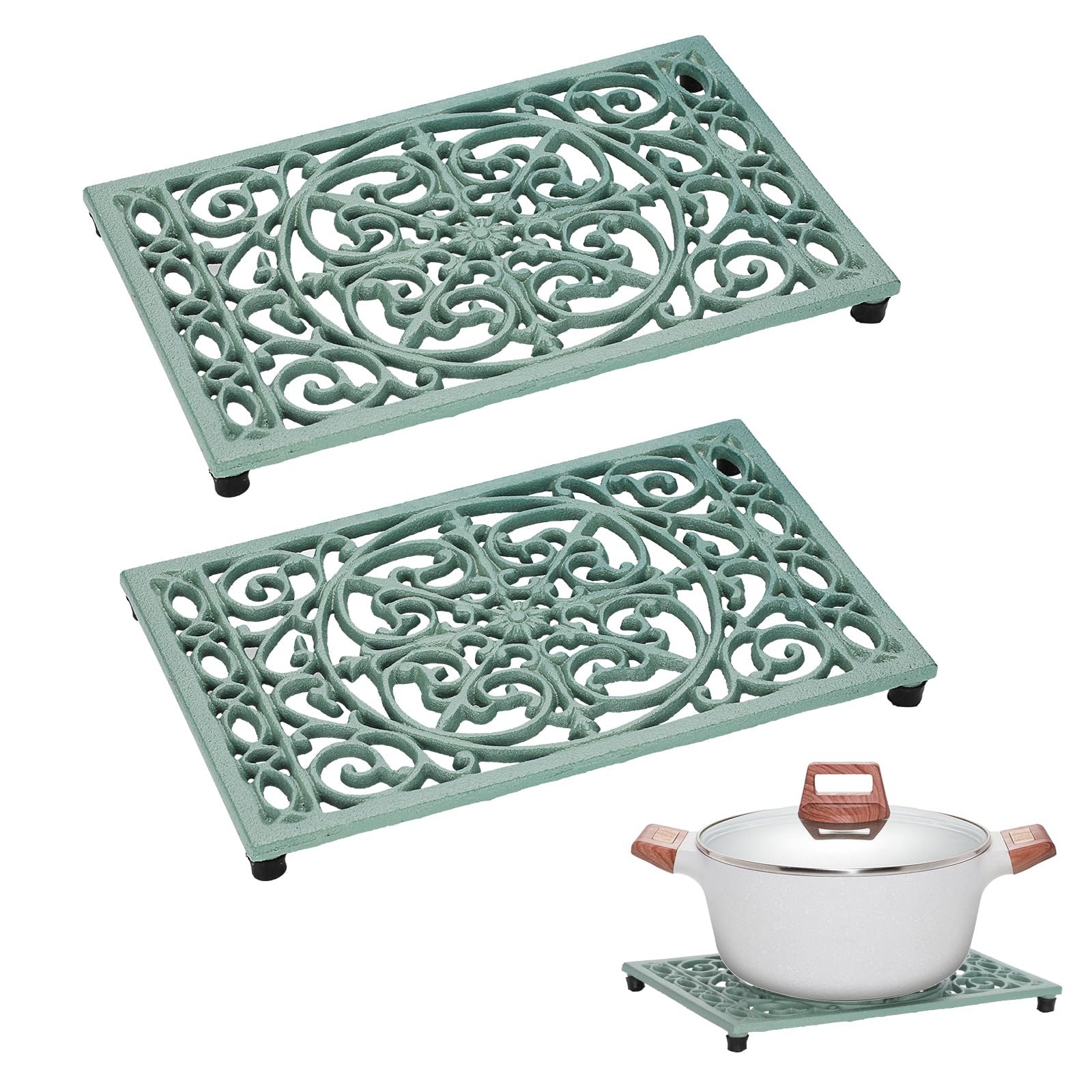 Sumnacon green cast iron trivet rectangular front view protects countertops from hot dishes
