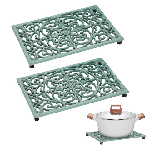 Sumnacon green cast iron trivet rectangular front view protects countertops from hot dishes