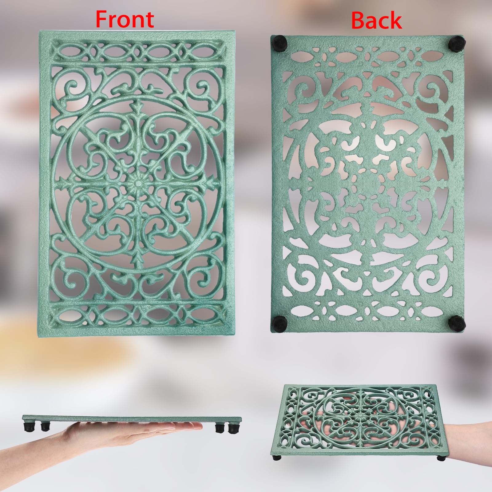 Sumnacon green cast iron trivet multi-functional keeps hot pots off countertops