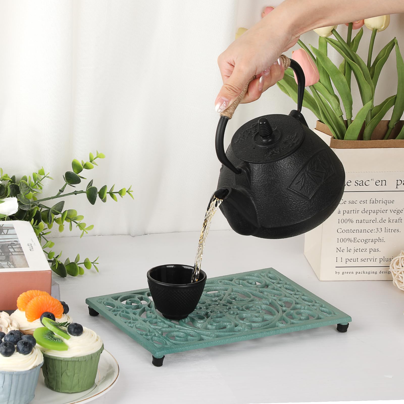 Sumnacon green cast iron trivet included pair for versatile placement near stove or table