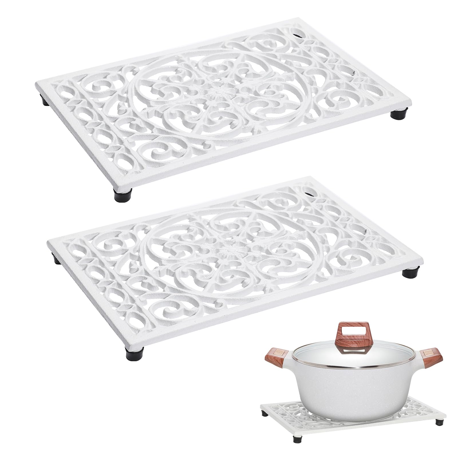 Sumnacon white rectangle cast iron trivet protects counters from hot dishes