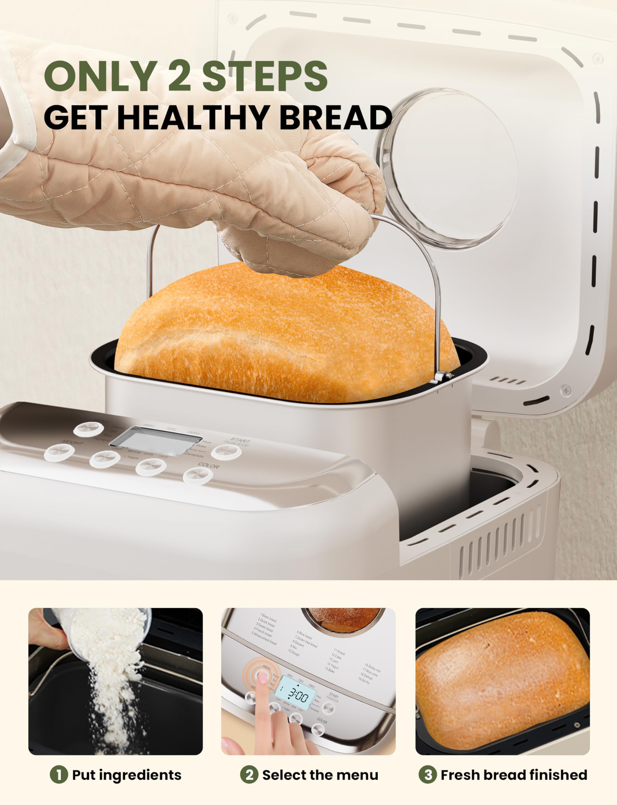 SUMSATY bread maker with ceramic nonstick pan for easy release and cleanup.