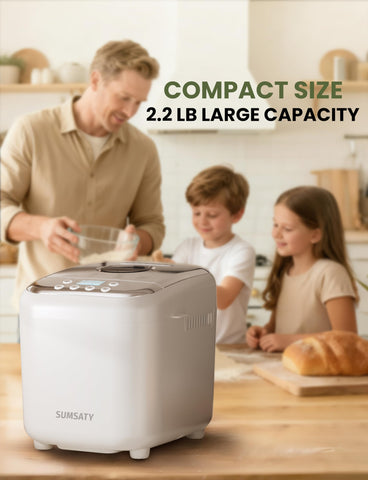 SUMSATY bread maker features a 15-hour delay timer for scheduled baking.