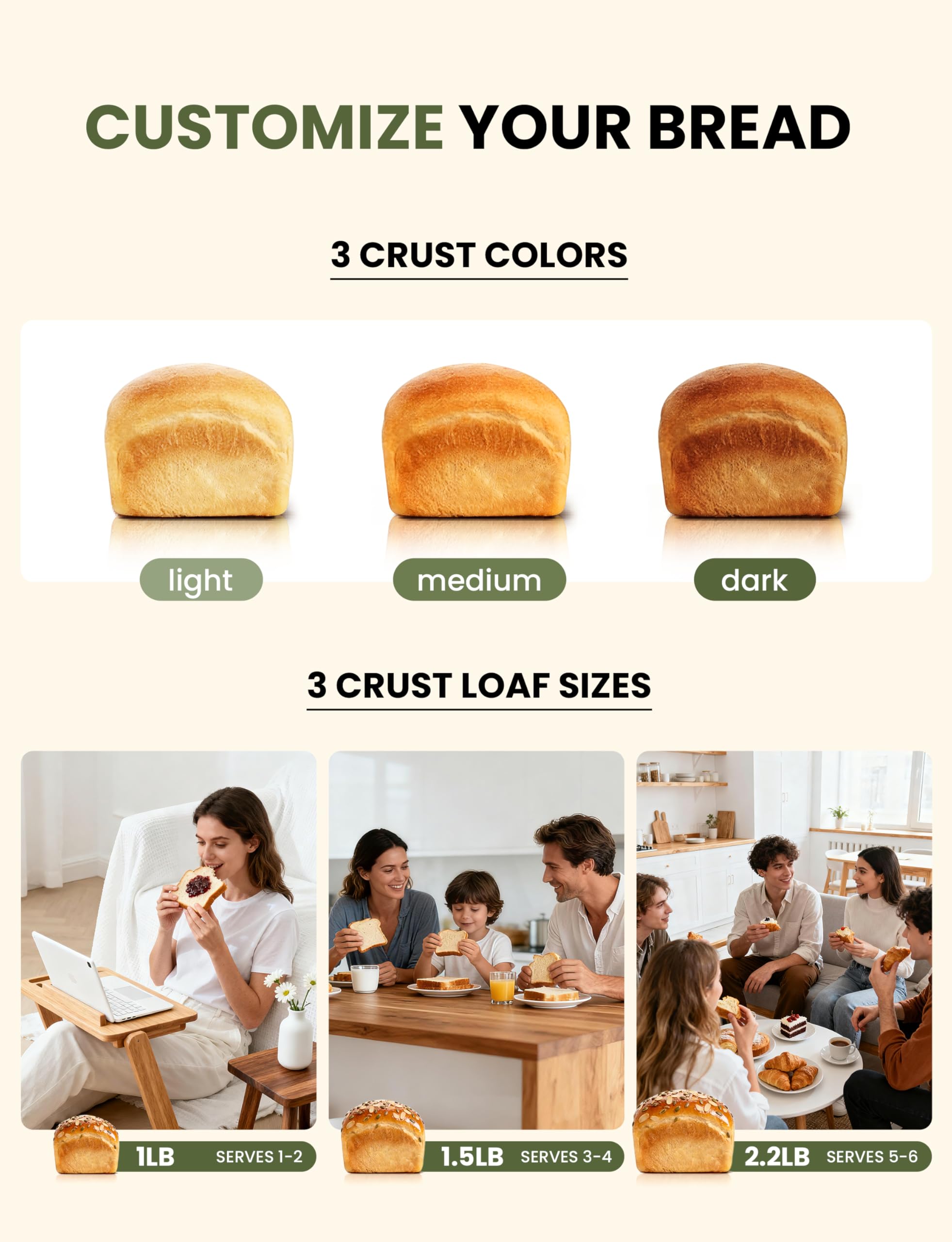 SUMSATY bread maker has crust settings for light to dark bake levels.