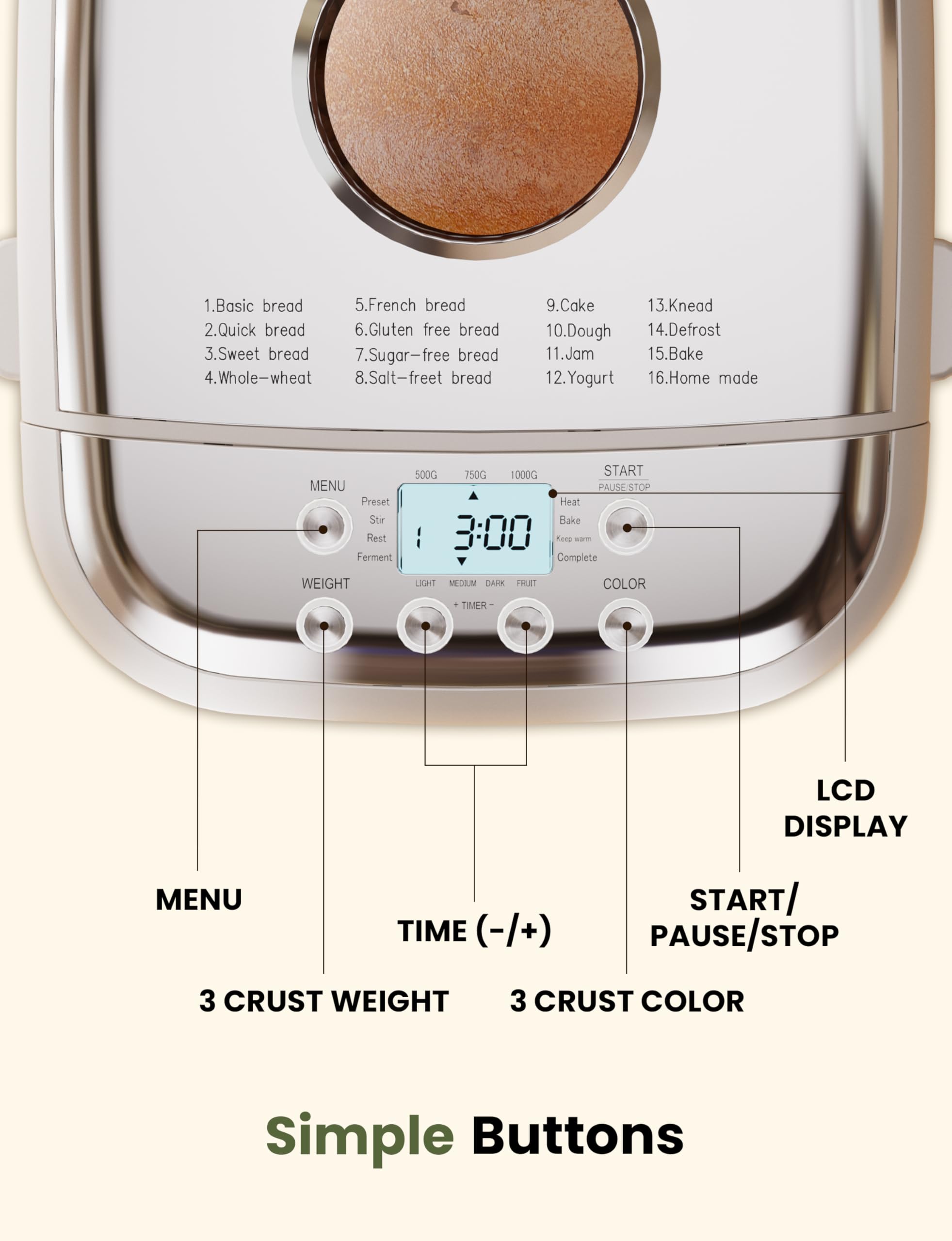 SUMSATY bread maker 600W motor delivers efficient, even baking.