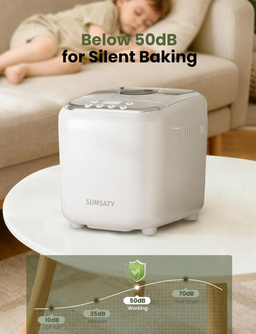 SUMSATY bread maker operates quietly during use in the kitchen.