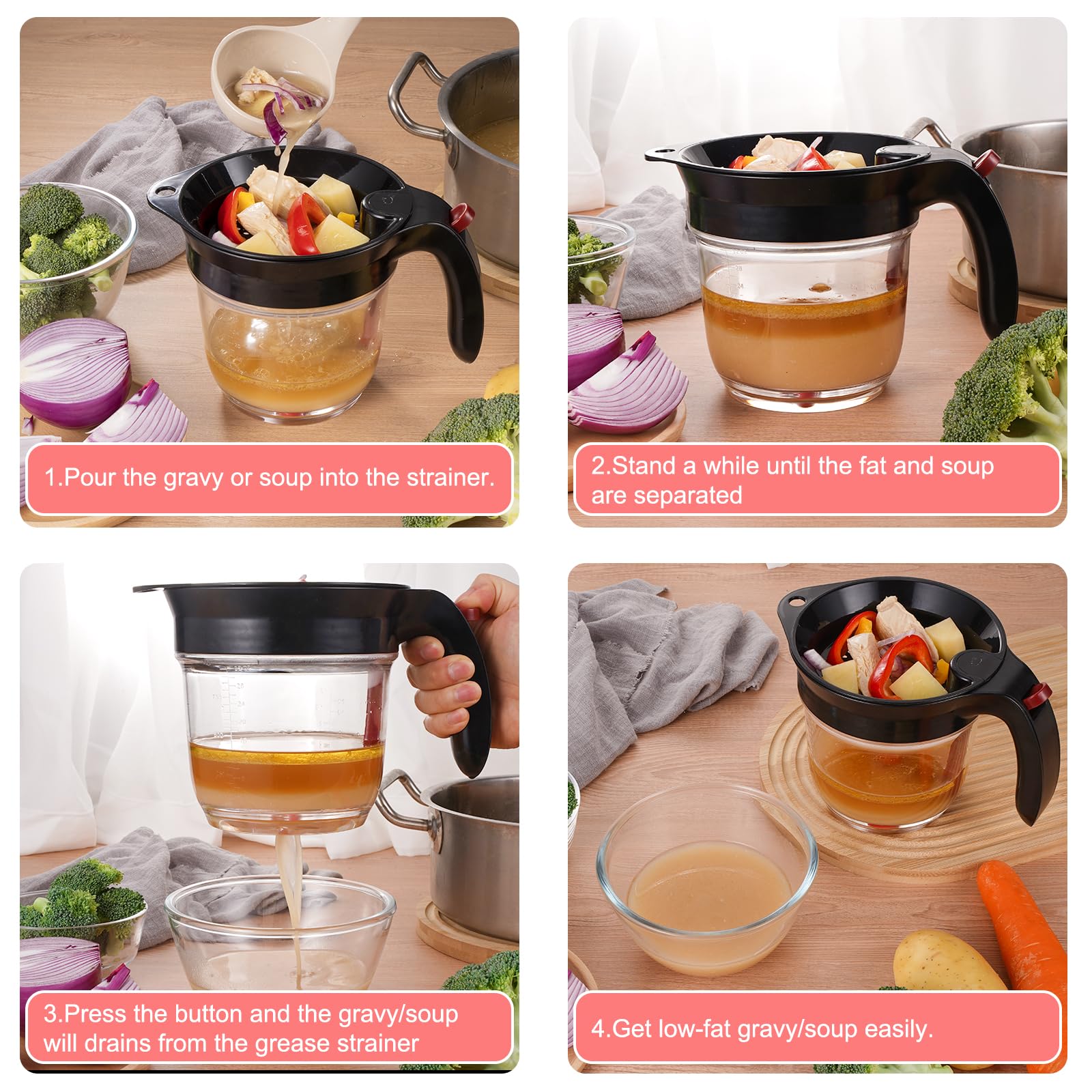 Sumteene fat separator top strainer catching solids for clean pour