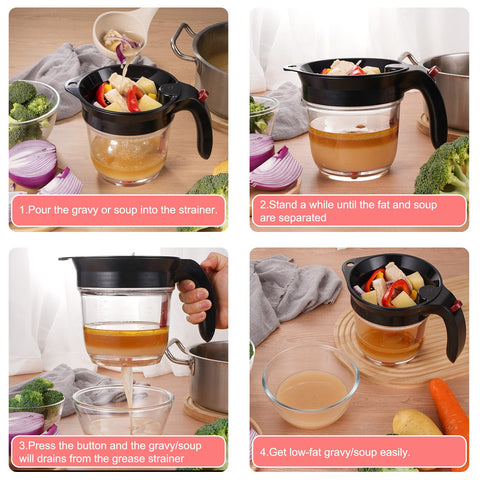 Sumteene fat separator top strainer catching solids for clean pour