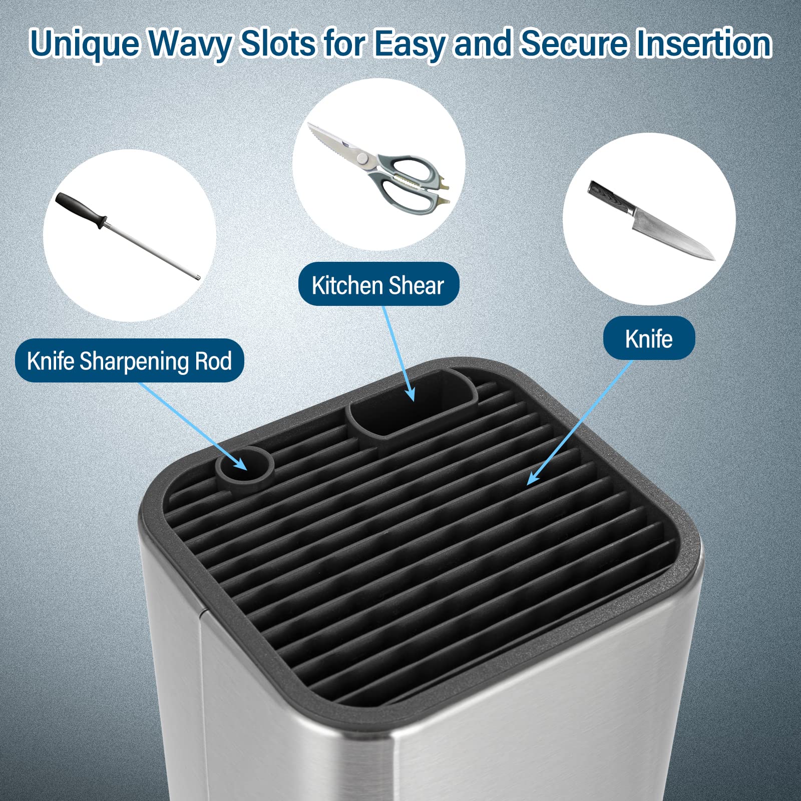 Sumteene knife block shows a slot for kitchen scissors and a sharpening rod