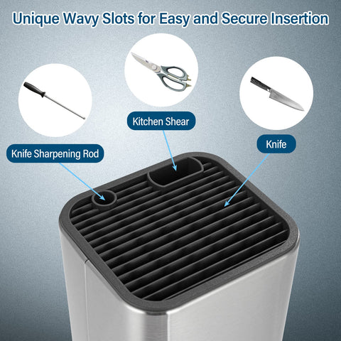 Sumteene knife block shows a slot for kitchen scissors and a sharpening rod