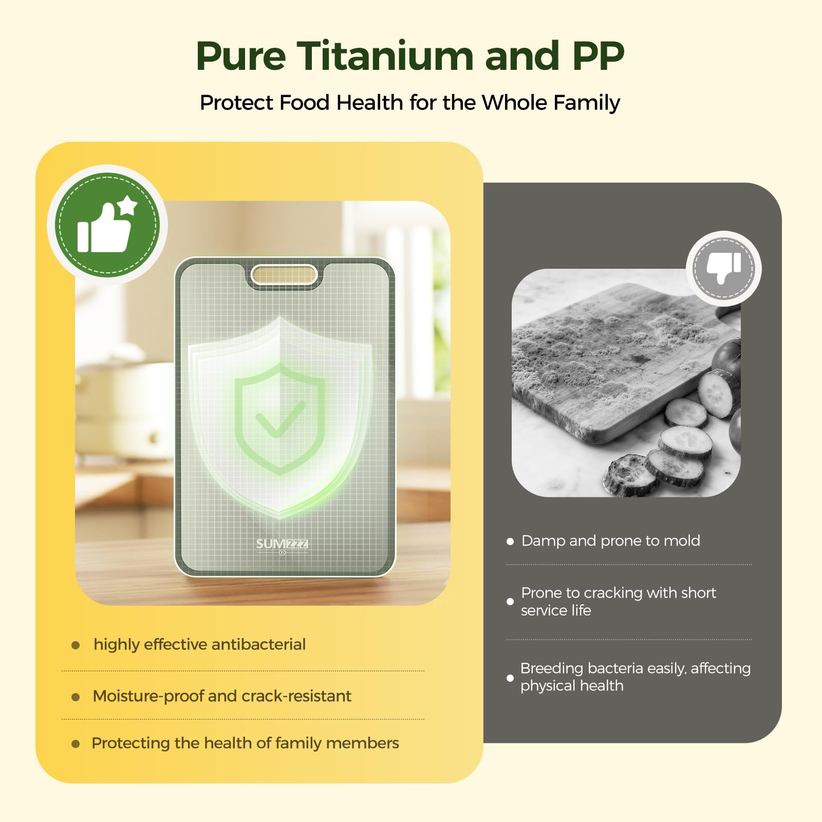 Sumzzz titanium cutting board with 200 ml juice groove to prevent spills.